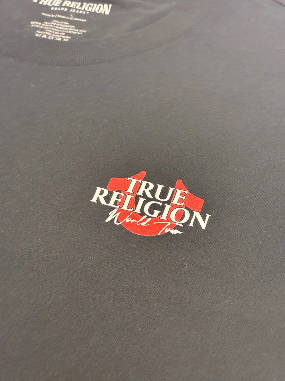 True Religion Black Tee with Red & White Globe Logo